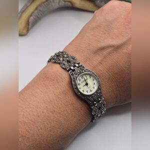 Sterling Silver Marcasite Watch with Intricate Band